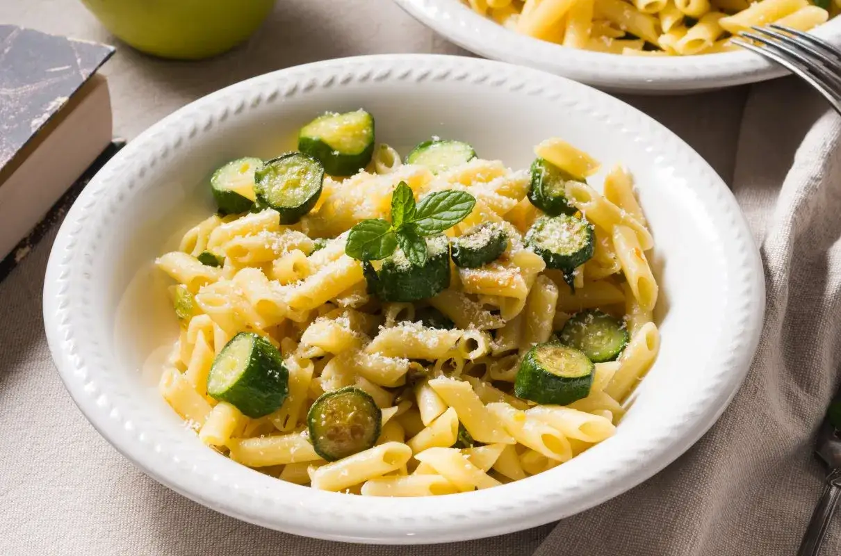 Pyszne danie z makaronem penne i kawałkami cukinii, posypane parmezanem i listkami mięty. Idealne co z cukinii na obiad!