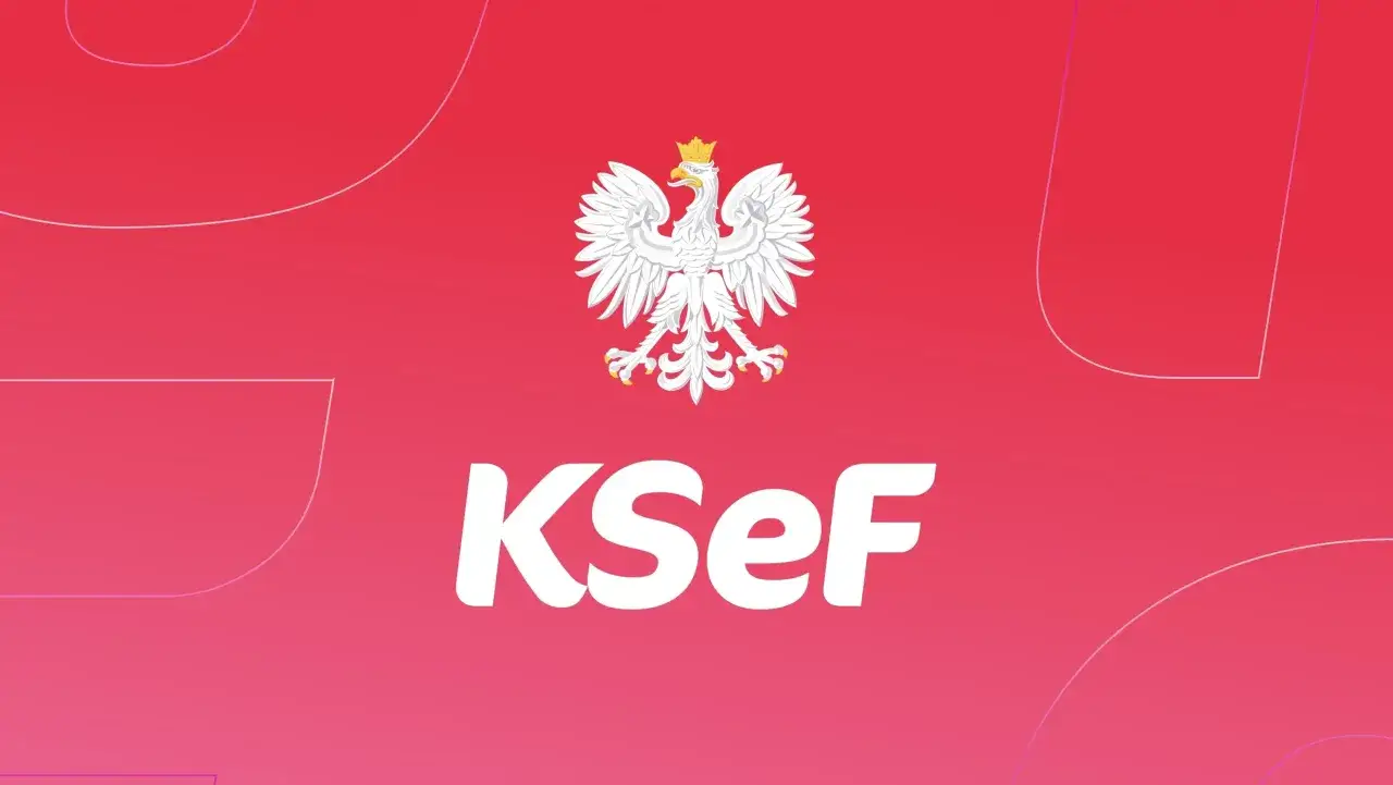 Biały orzeł na czerwonym tle z napisem KSeF.