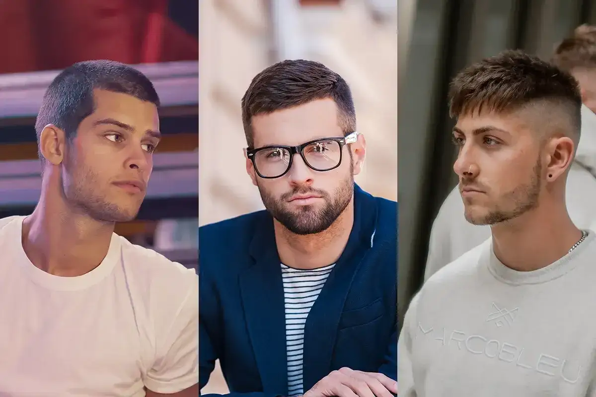 Trzech mężczyzn z krótkimi fryzurami: buzz cut, klasyczne cięcie z okularami, undercut.