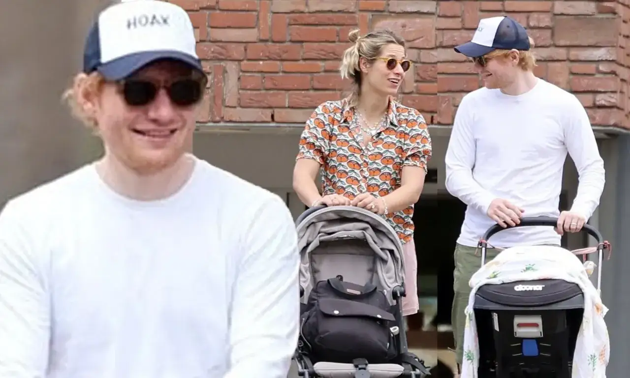 Ed Sheeran z żoną i wózkiem dziecięcym. Czy Ed Sheeran ma dzieci? Tak, widać to na zdjęciu.