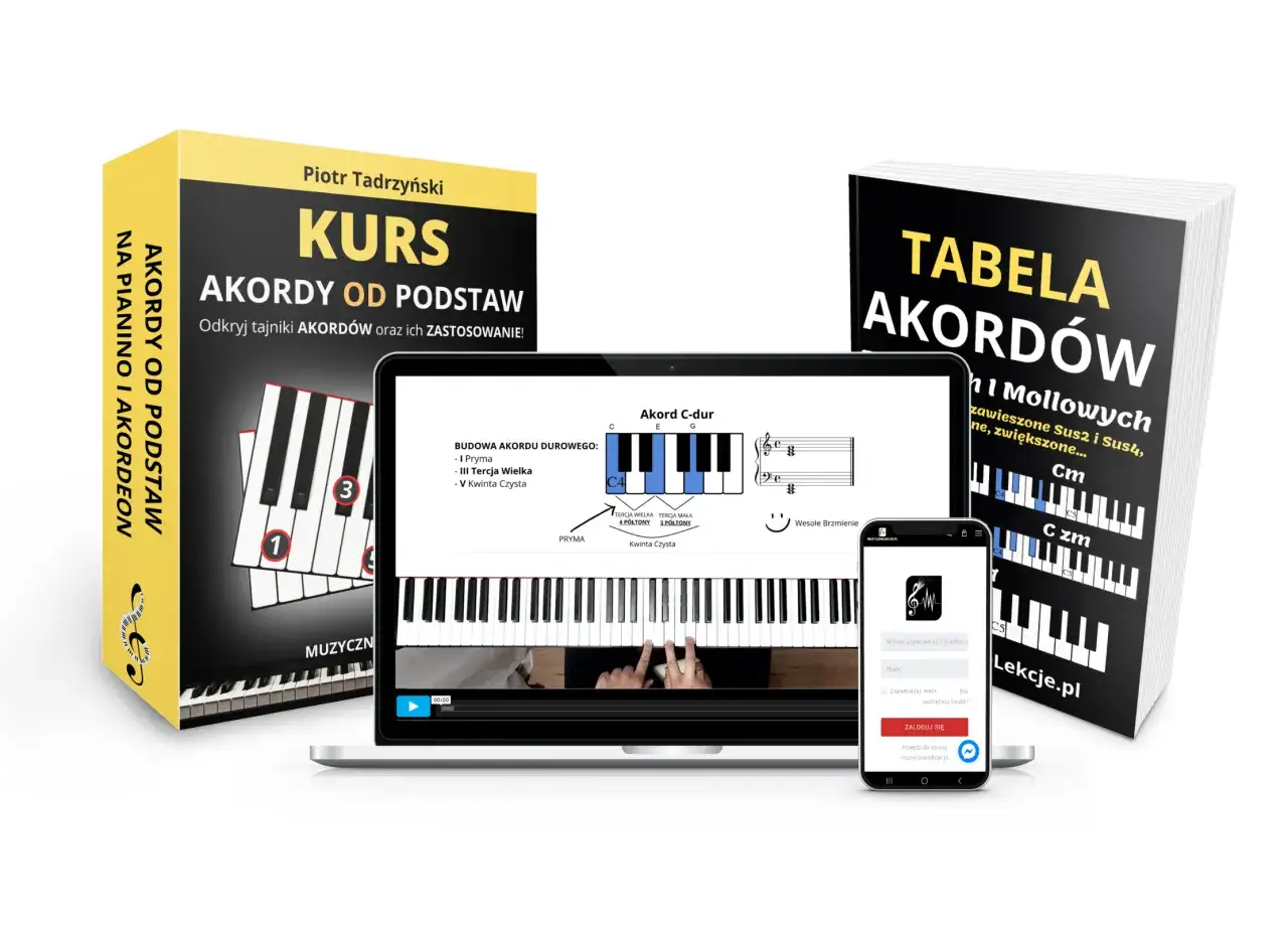 Kurs "Akordy od podstaw" i "Tabela akordów" na pianino i akordeon. Na ekranie laptopa widoczny akord C-dur.