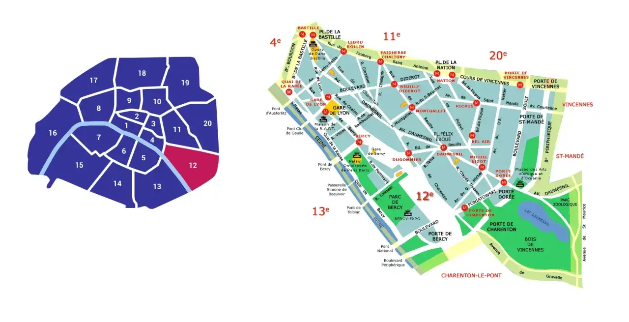 Mapa Paryża z zaznaczonymi dzielnicami. 12 dzielnica Paryża, oznaczona kolorem różowym, znajduje się na wschodzie.