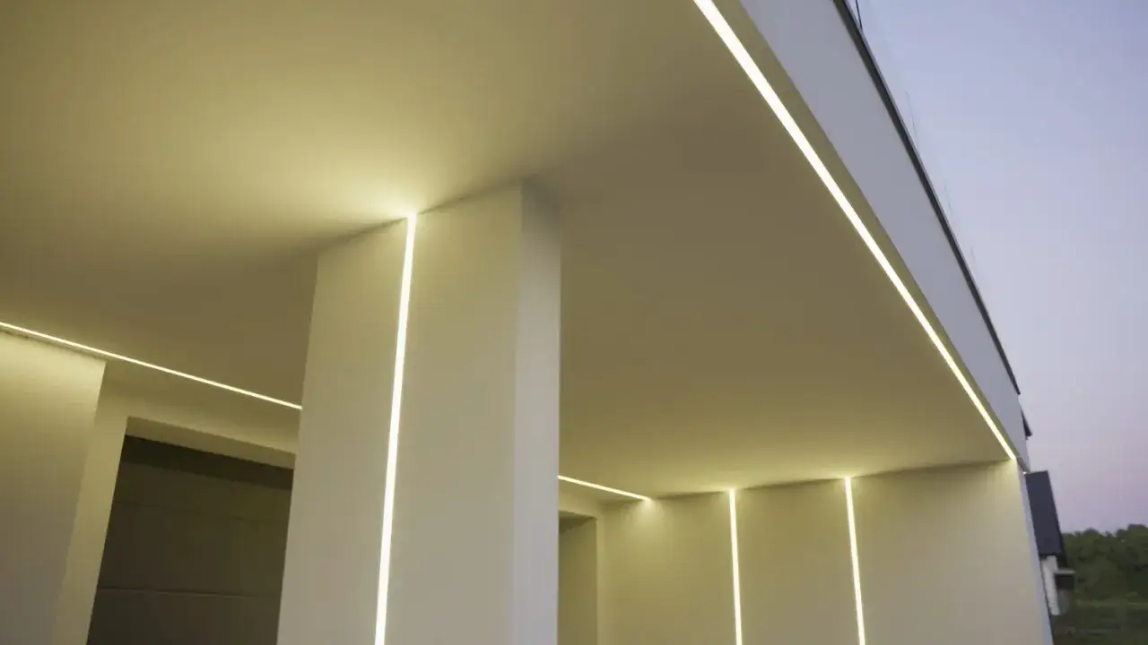 Nowoczesny budynek z subtelnym oświetleniem. Wbudowany profil LED w ścianie tworzy eleganckie linie światła, podkreślając architekturę.
