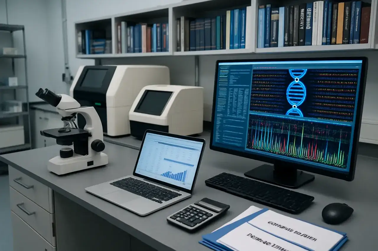 Mikroskop, laptop, komputer z wizualizacją DNA i sprzęt laboratoryjny na biurku.