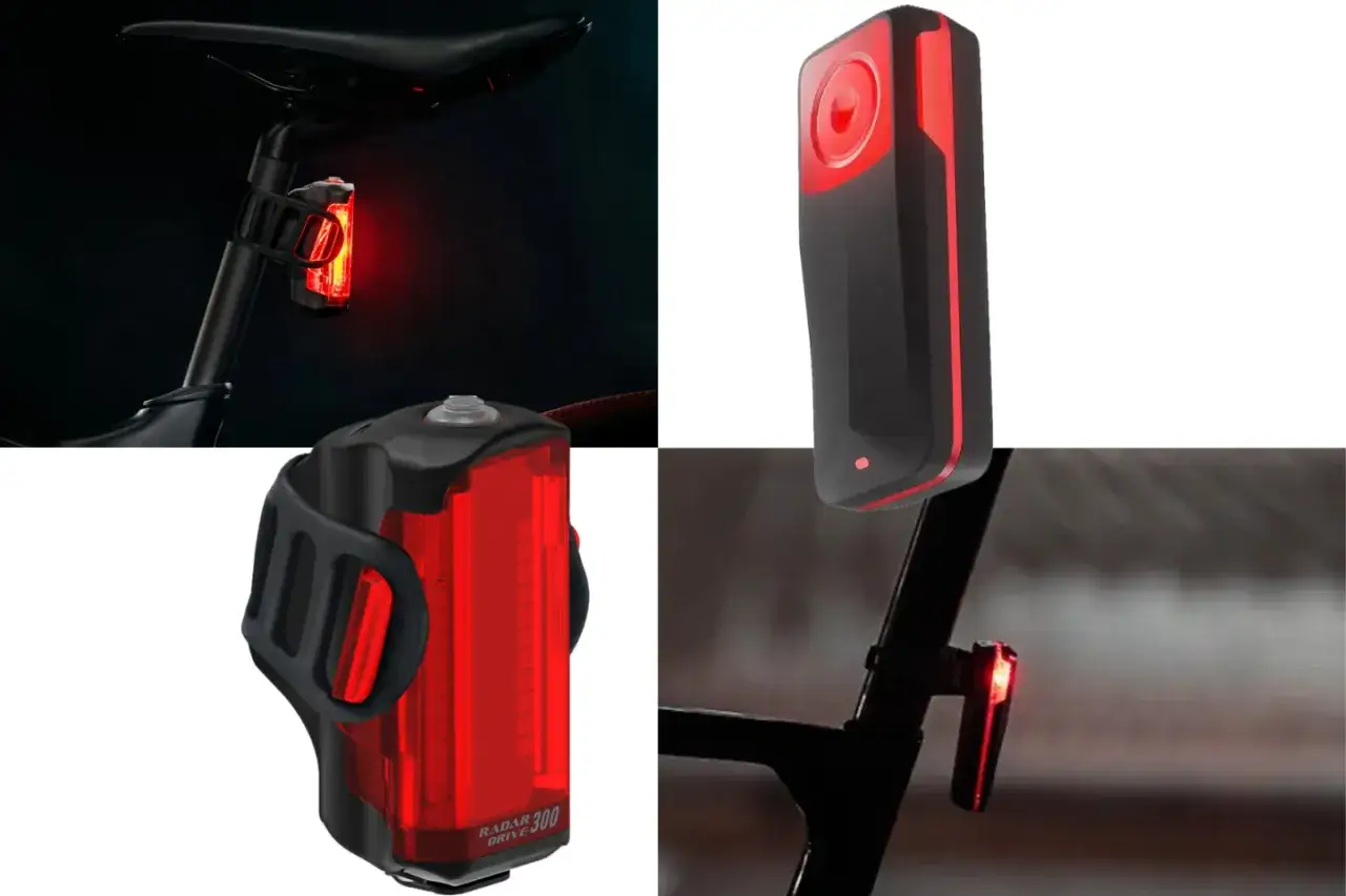Nowoczesny radar rowerowy w czerwonym kolorze, montowany na sztycy, zwiększa bezpieczeństwo.