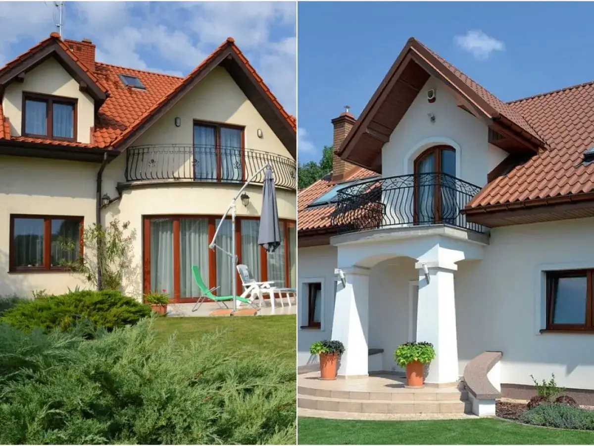 Dwa domy z dachówką i balkonami. Na jednym z nich widać lukarnę, czyli okno dachowe.