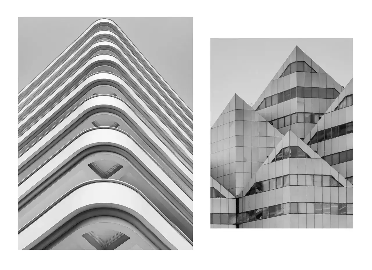 Dwie fasady budynków w czerni i bieli. Po lewej łagodne, faliste balkony, po prawej ostre, geometryczne kształty. Fascynująca fotografia architektury.