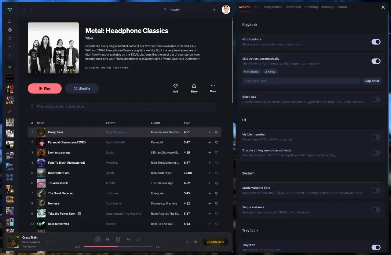 Okładka albumu zespołu Gojira z listą utworów i ustawieniami aplikacji Tidal.