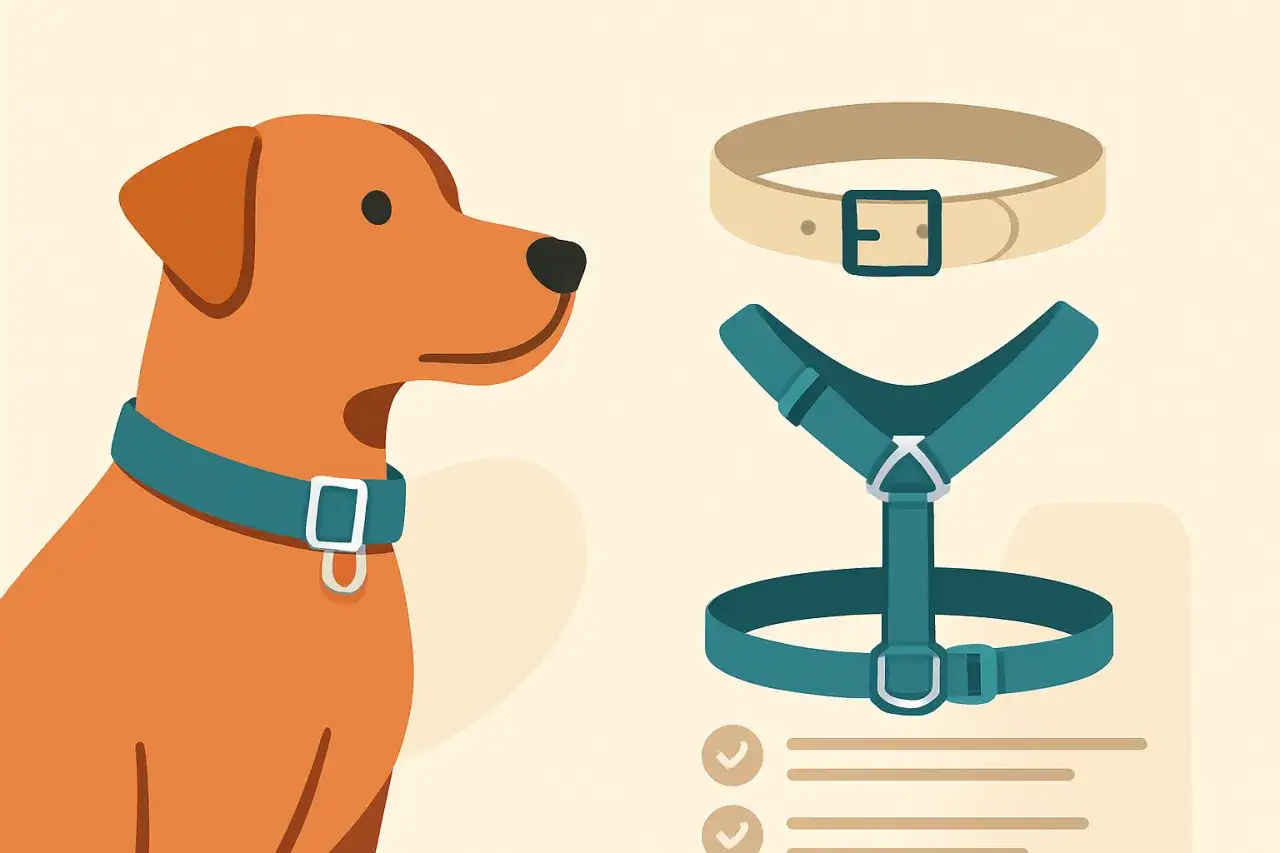 Brązowy piesek z obrożą, obok szelki dla labradora i tradycyjny kołnierz.