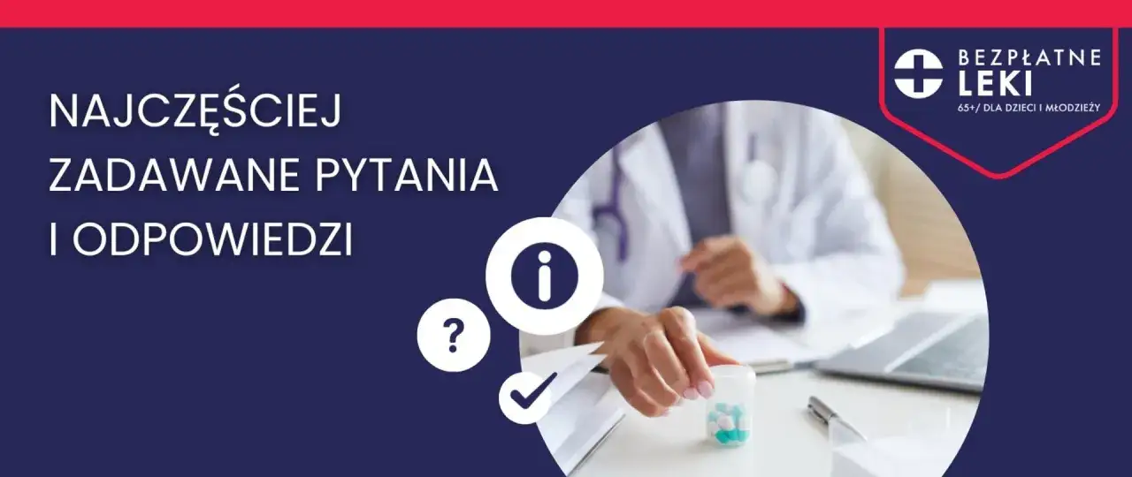 Lekarz w białym fartuchu trzymający pojemnik z lekami, obok ikony informacji i znaku zapytania.