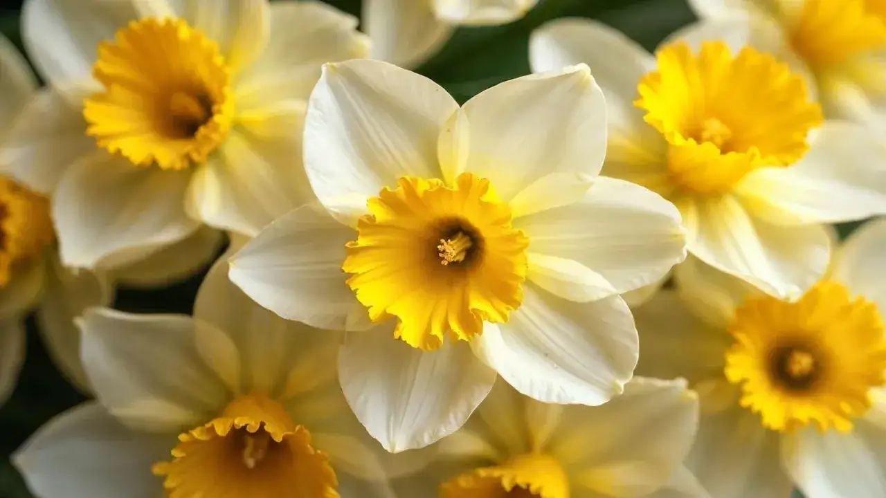 Grupa białych narcyzów z żółtymi kielichami, delikatne płatki otaczają intensywnie żółte środki.