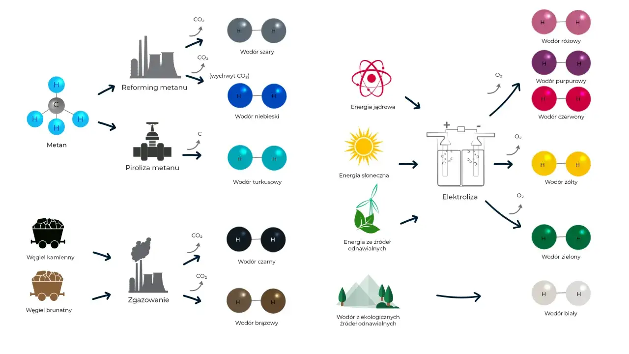 Schemat pokazuje zastosowanie wodoru: od metanu, węgla, energii jądrowej, słonecznej i odnawialnej do różnych kolorów wodoru.