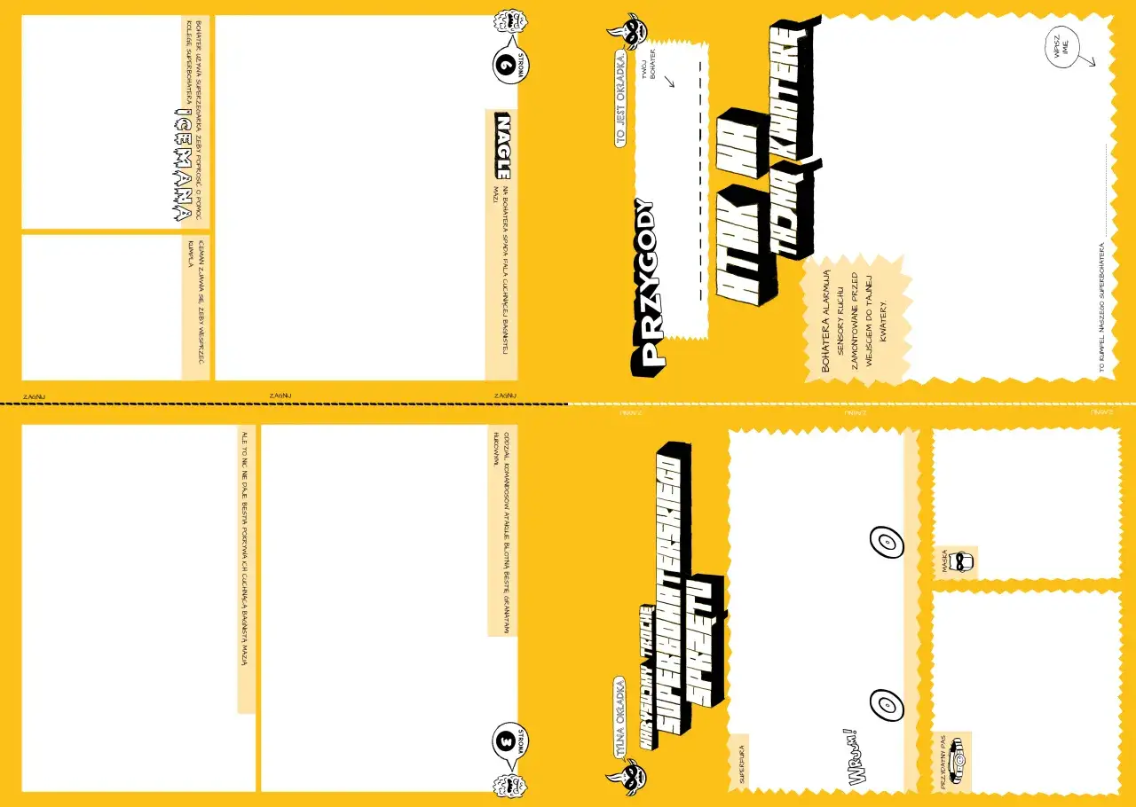 Fragment komiksu na żółtym tle z tekstem i ilustracjami, gotowy do złożenia.