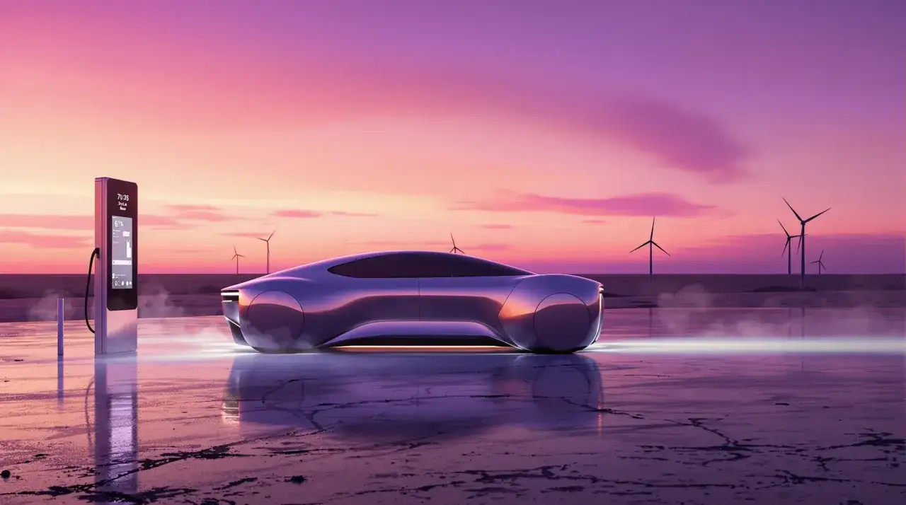 Futurystyczna Tesla przy ładowarce na tle zachodu słońca. Zastanawiasz się, ile kosztuje ładowanie Tesli w domu?