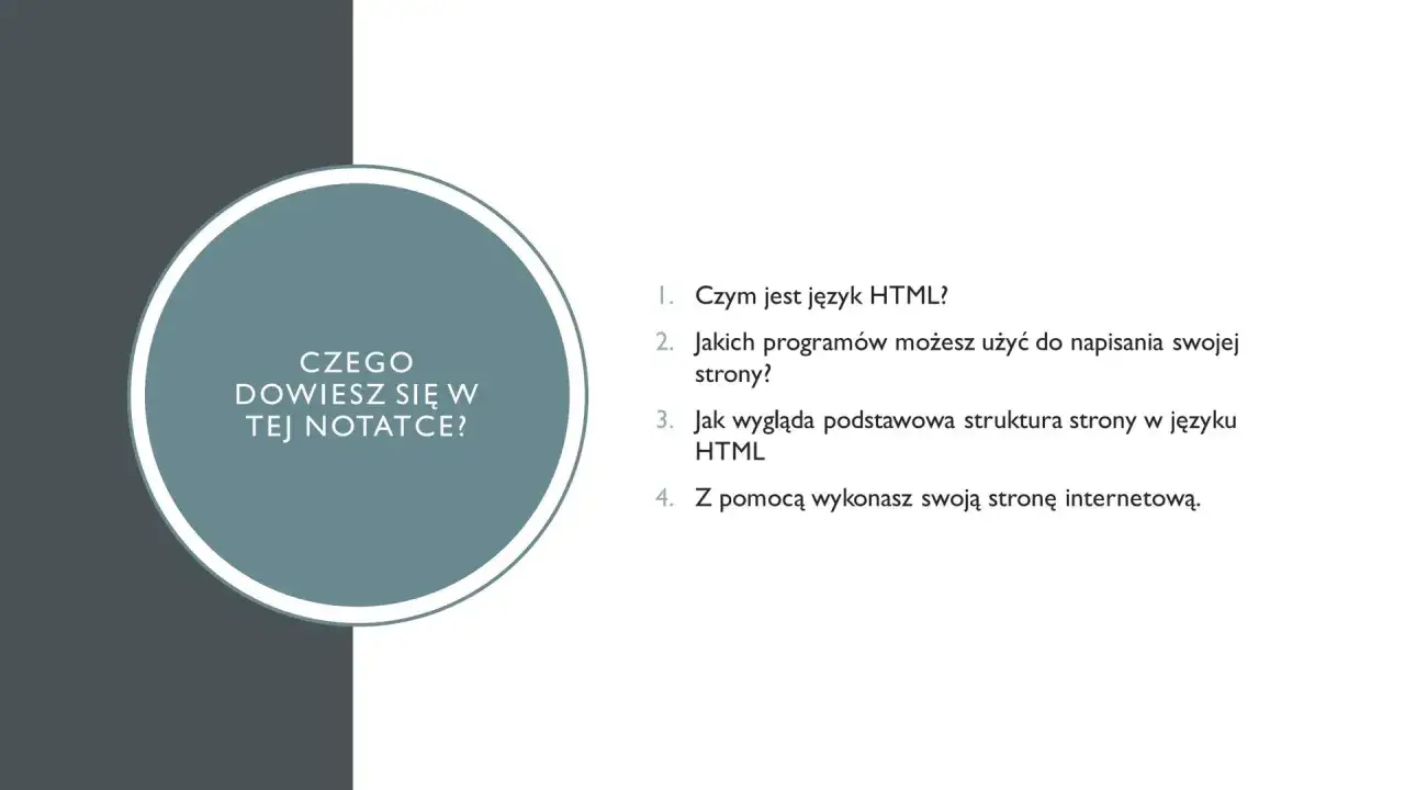 Grafika z pytaniem "Czego dowiesz się w tej notatce?" i listą pytań o HTML.