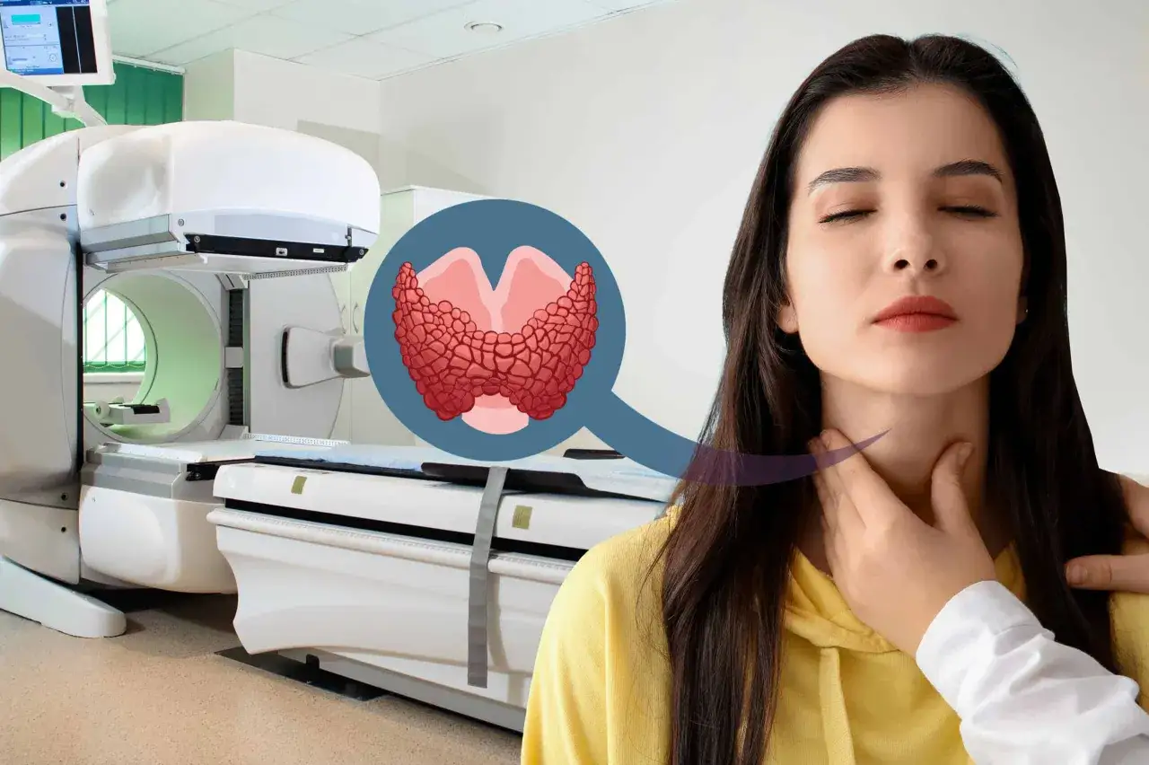 Frau mit geschlossenen Augen, die sich den Hals hält, daneben eine Lupe mit Schilddrüsenabbildung und ein medizinisches Gerät.