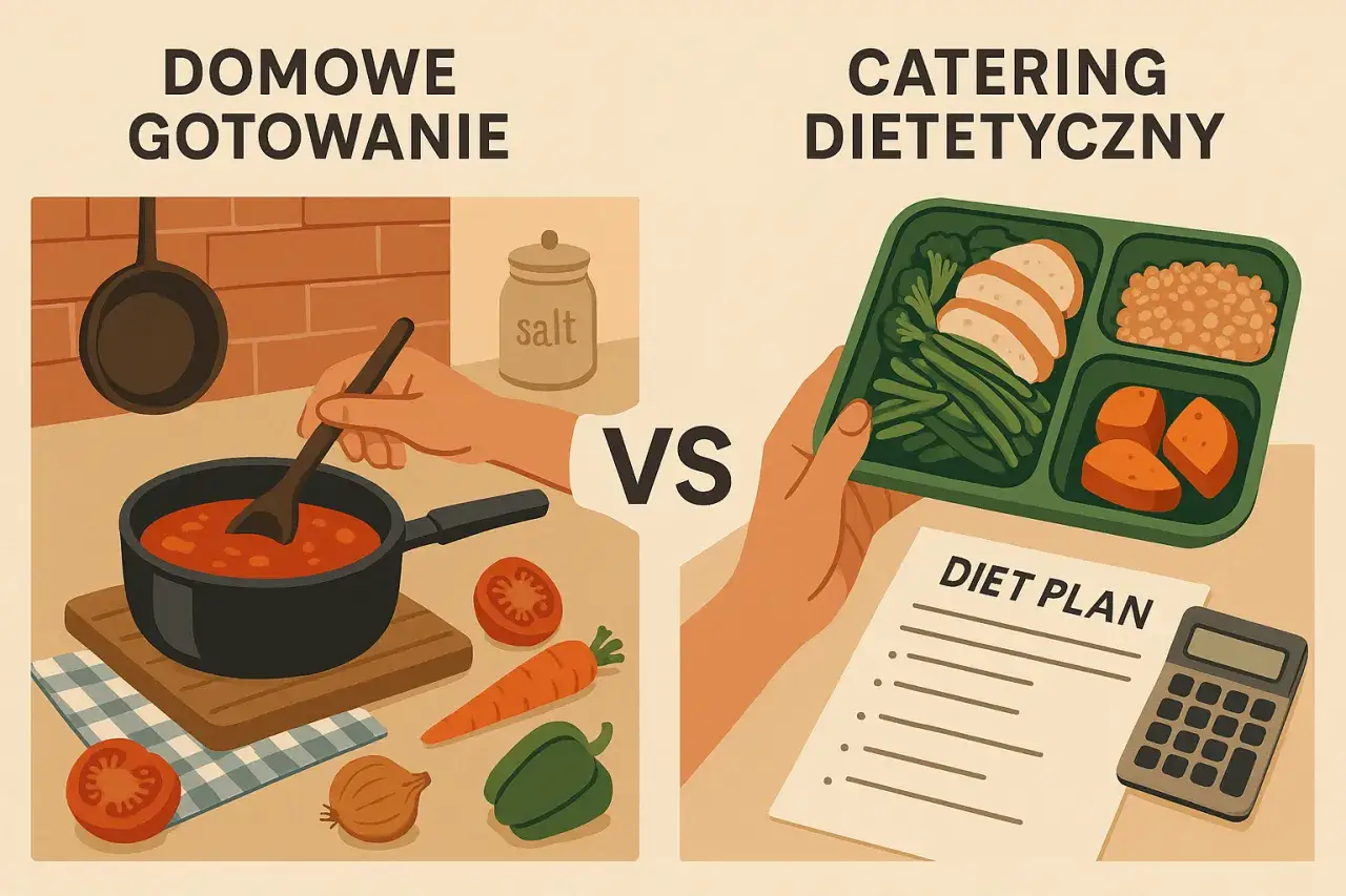 Domowe gotowanie kontra catering dietetyczny. Czy catering się opłaca? Obrazek porównuje przygotowywanie posiłków w domu z gotowym pudełkiem i planem diety.
