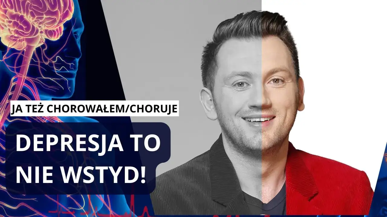 Grafika mózgu i połowa twarzy mężczyzny, jedna strona czarno-biała, druga kolorowa.