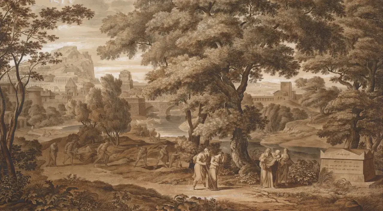 Scena z antycznego krajobrazu, gdzie ludzie niosą zmarłego. W tle miasto i ruiny. Obraz odzwierciedla, jakie są najczęstsze cechy bohatera tragicznego w literaturze klasycznej: upadek i cierpienie.