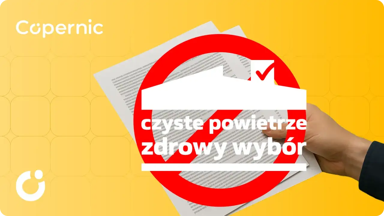 Dłoń trzyma dokumenty z napisem "czyste powietrze zdrowy wybór" na tle z logo Copernic.
