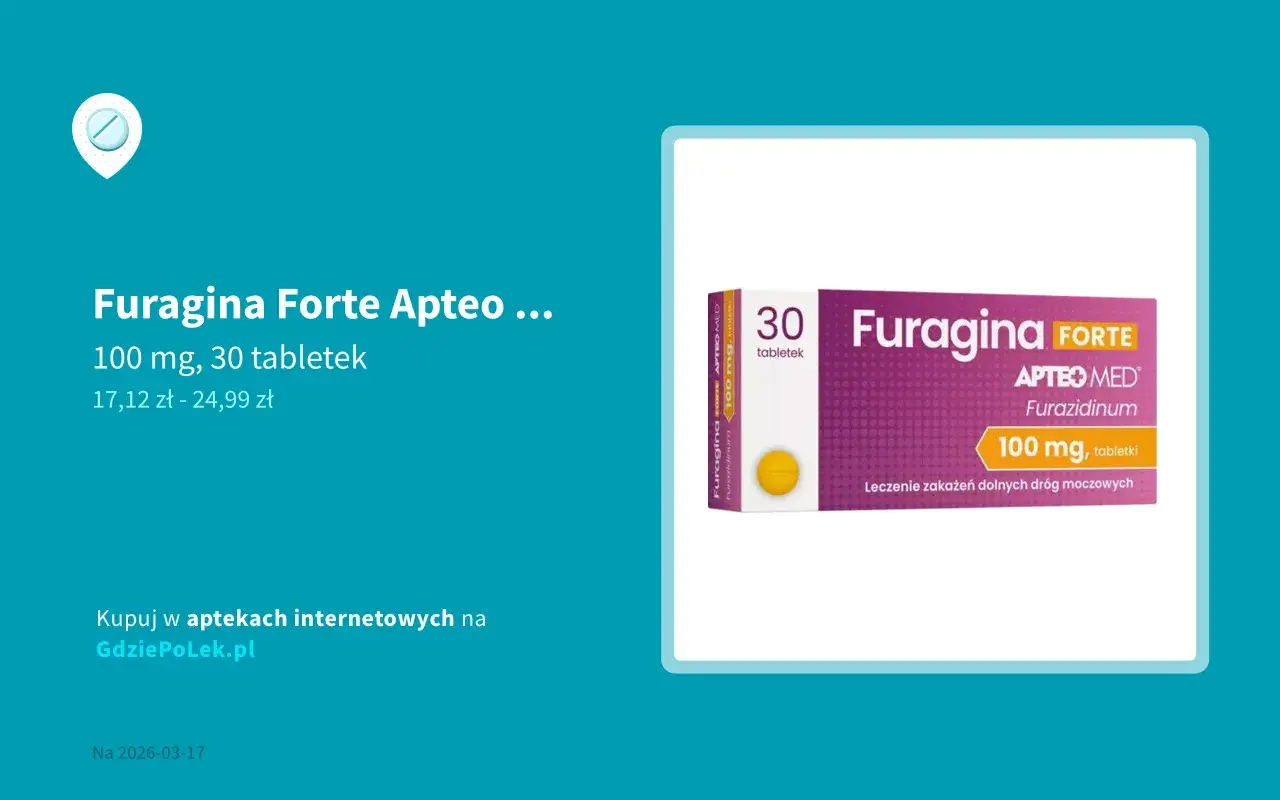 Furagina Forte Apteo Med, 100 mg, 30 tabletek. Czy furagina jest na receptę? To lek bez recepty na infekcje dróg moczowych.