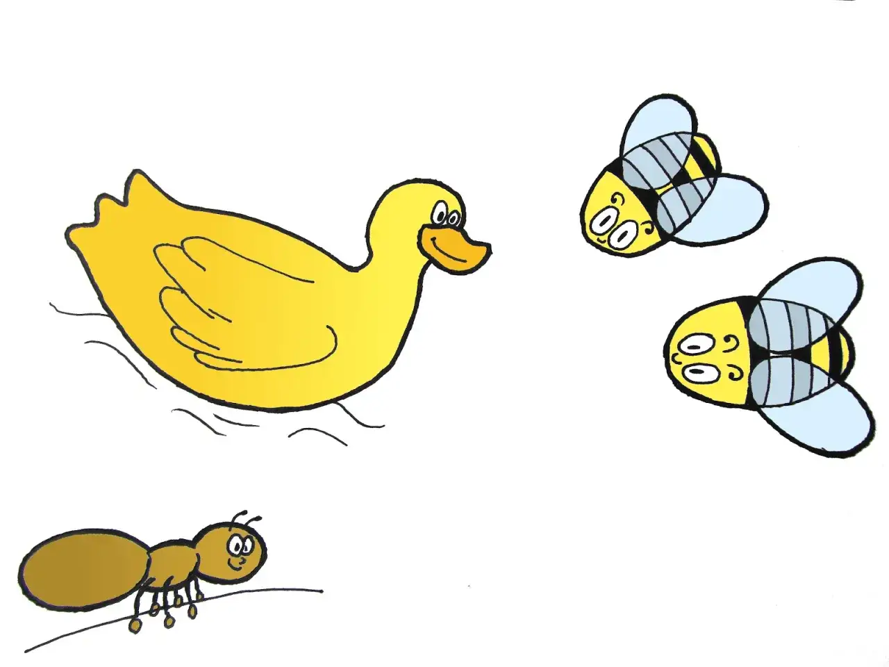 Żółta kaczka pływa, a obok niej dwie pszczoły i mrówka. Może to początek baśni o szewczyku?