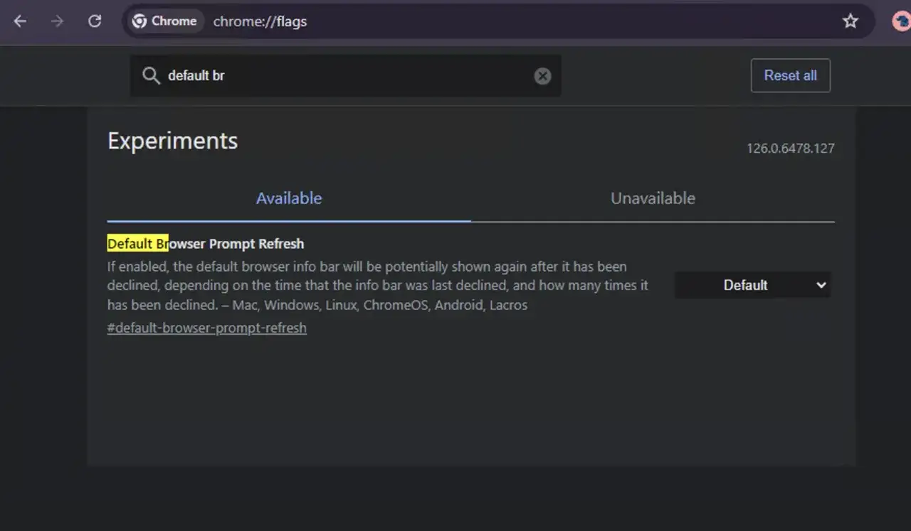 Ekran Chrome://flags z wyszukiwaną frazą "default br" i opcją "Default Browser Prompt Refresh".