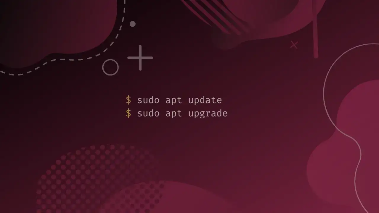 Abstrakcyjne tło w odcieniach burgundu z komendami terminala: `sudo apt update` i `sudo apt upgrade`.