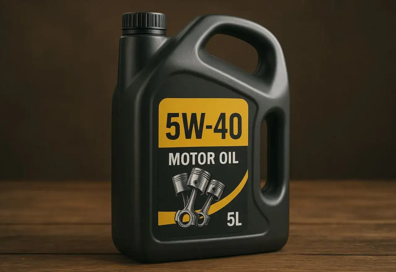 Czarna bańka oleju silnikowego 5W-40 z tłokami na etykiecie.