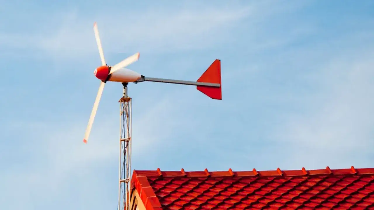 Mała turbina wiatrowa na maszcie nad czerwonym dachem, na tle błękitnego nieba.