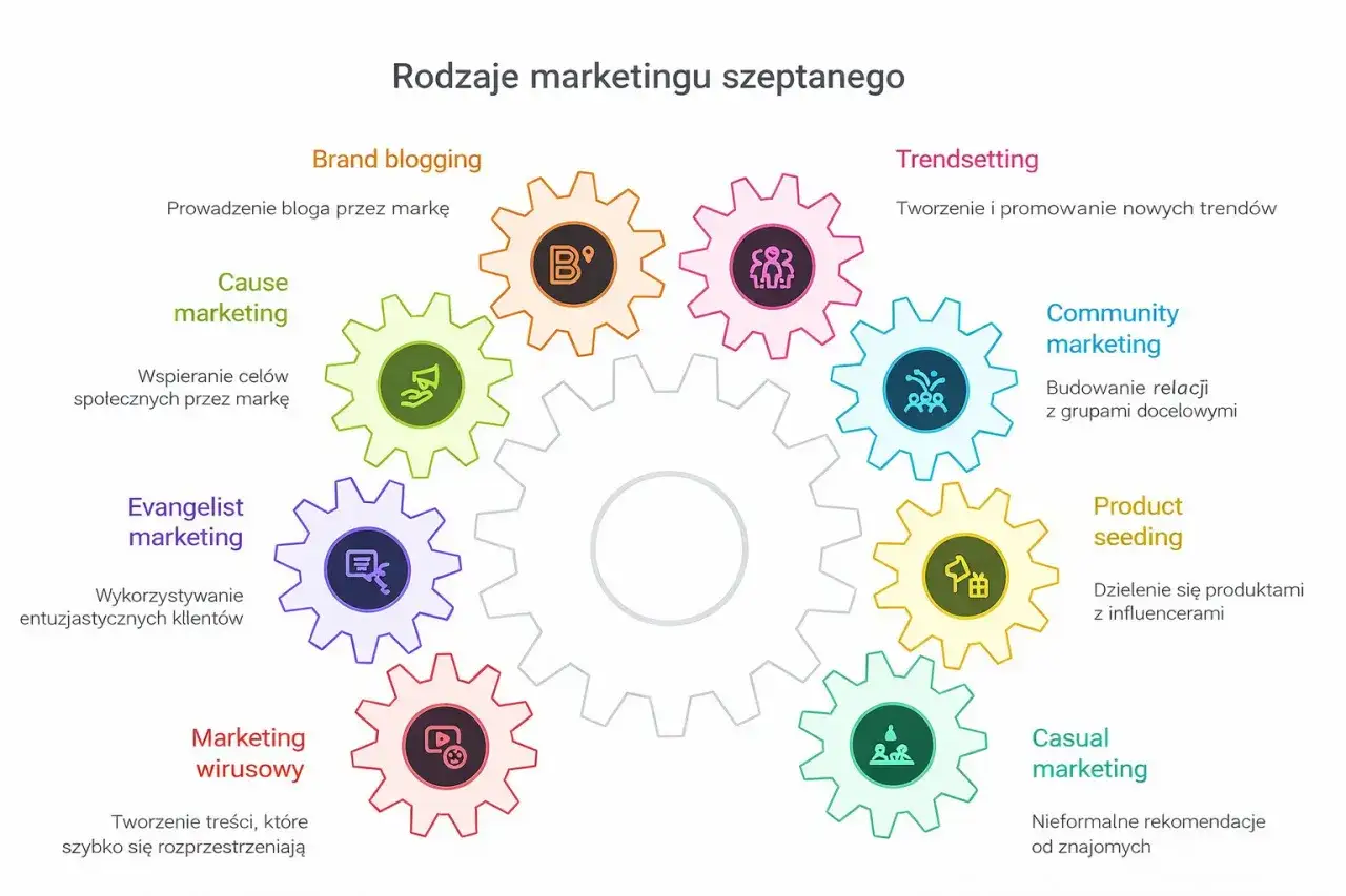 Grafika przedstawiająca zębate koła z ikonami symbolizującymi różne rodzaje marketingu szeptanego.