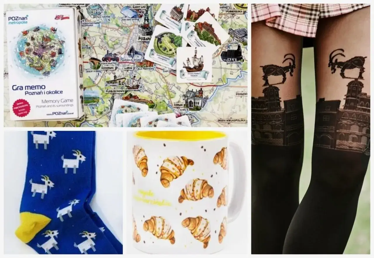 Pamiątki z Poznania gdzie kupić? Gra memo, skarpetki z koziołkami, kubek z rogalami i rajstopy z panoramą miasta.