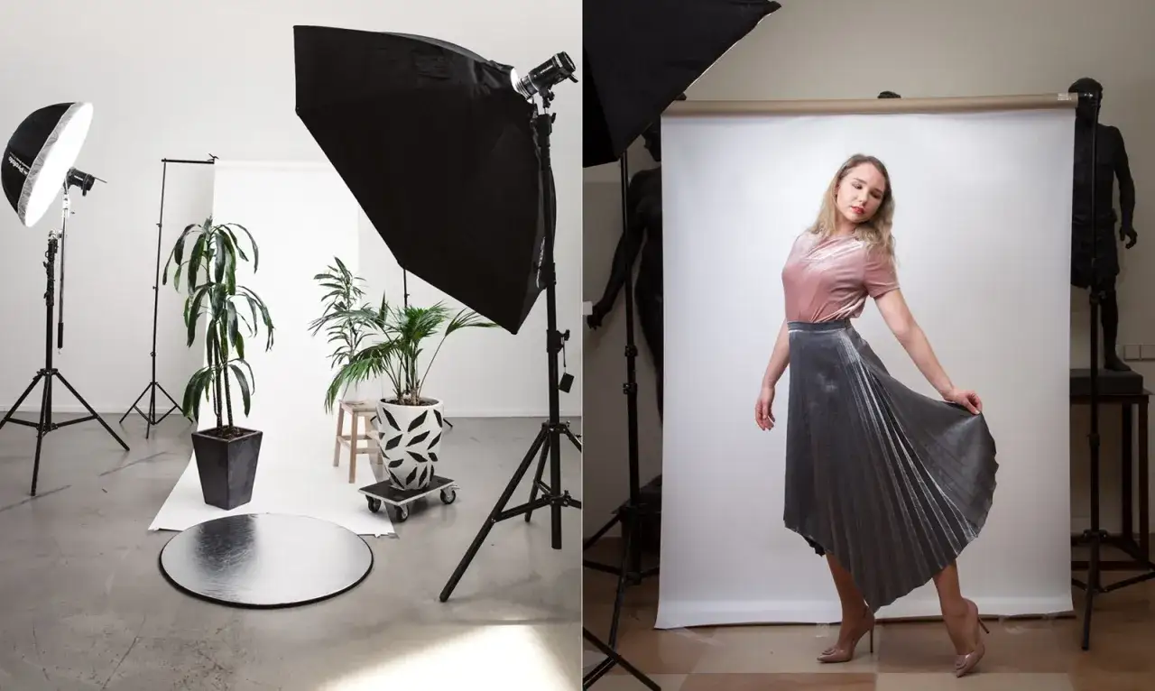Przygotowania do sesji w domowym studio: oświetlenie, rośliny i modelka w srebrnej spódnicy.