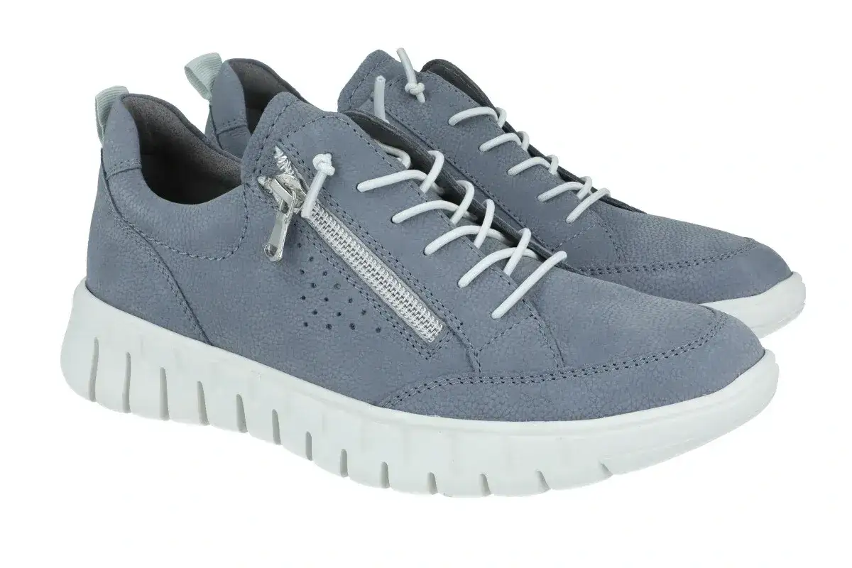 Szare sneakersy damskie z zamkiem błyskawicznym i białymi sznurówkami na grubej podeszwie.