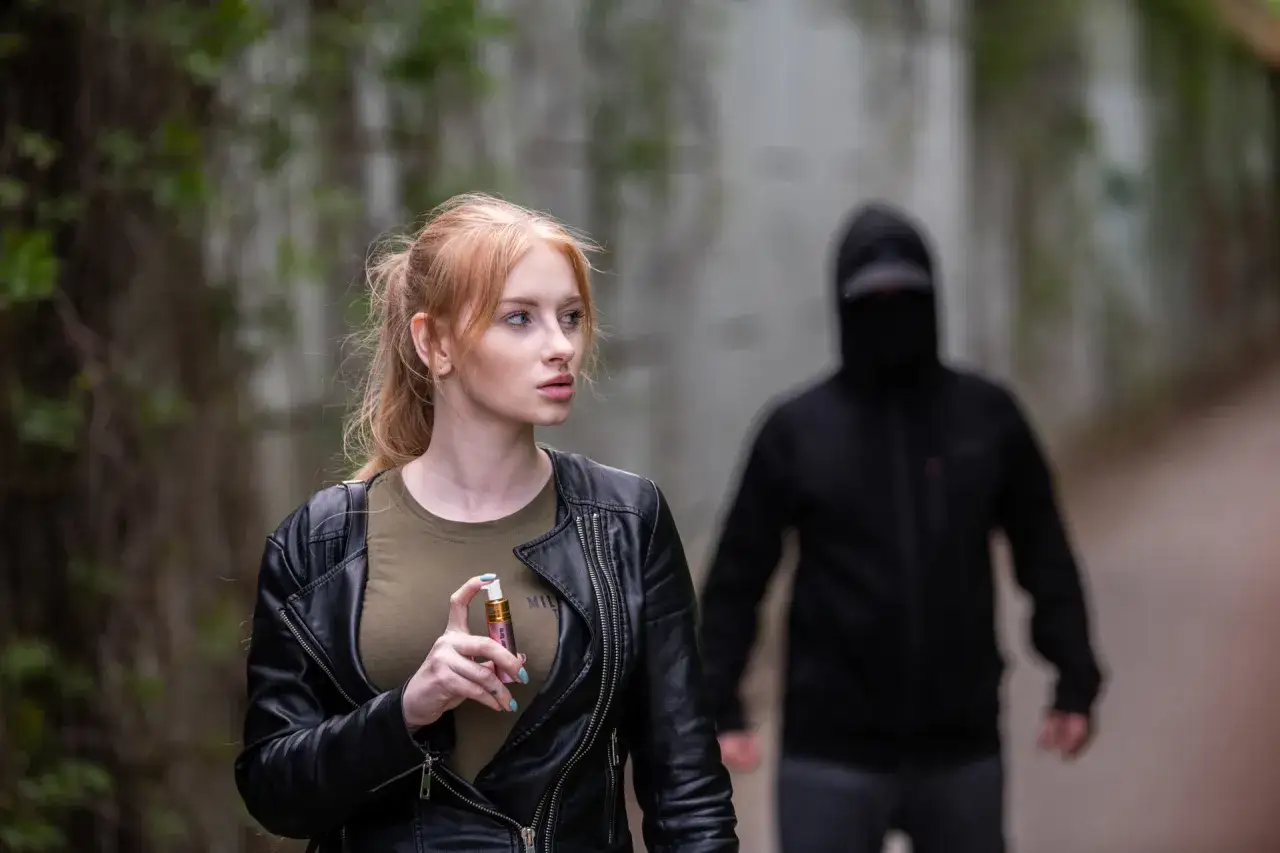 Kobieta z gazem pieprzowym w dłoni, w tle mężczyzna w kapturze.