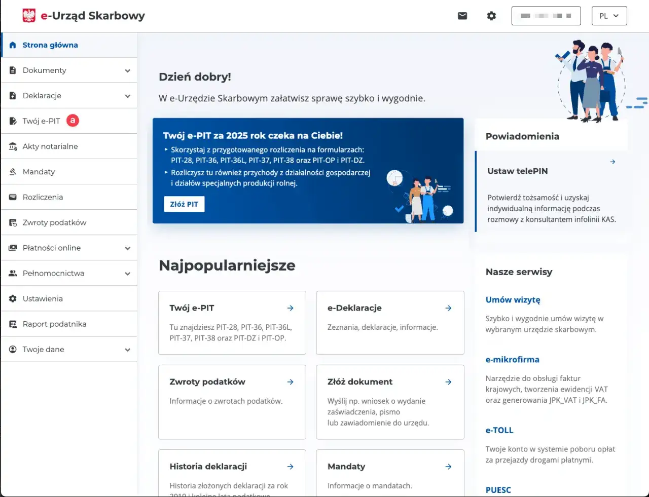 Strona główna e-Urzędu Skarbowego. Możesz tu rozliczyć stratę z giełdy, złożyć PIT, sprawdzić zwroty podatków i mandaty.