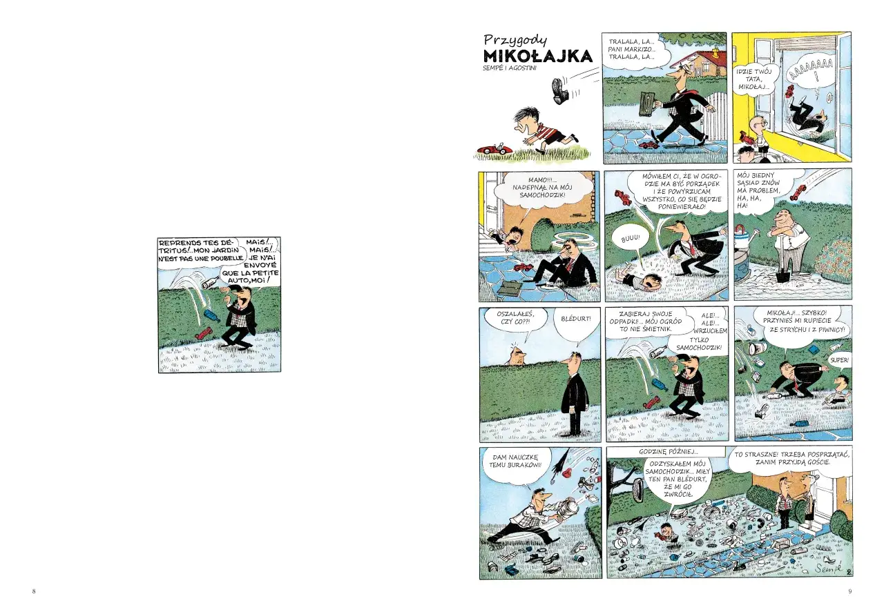 Jak zrobić komiks o Mikołajku? Zobacz, jak tata próbuje posprzątać ogród po jego zabawach z samochodzikami.