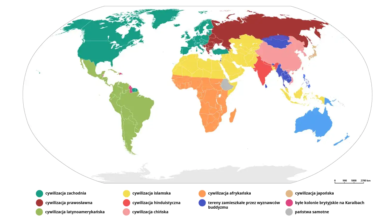 Mapa świata pokazująca, co to jest cywilizacja, podzielona na regiony: zachodnią, prawosławną, latynoamerykańską, islamską, hinduską, chińską, afrykańską, japońską, byłe kolonie brytyjskie i tereny niezamieszkałe.