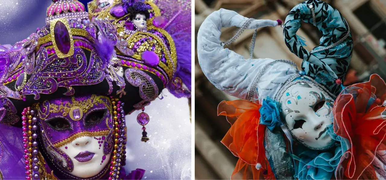 Weneckie maski: fioletowa, bogato zdobiona i biała z niebieskimi akcentami, symbolizują tajemnicę i zabawę karnawału.