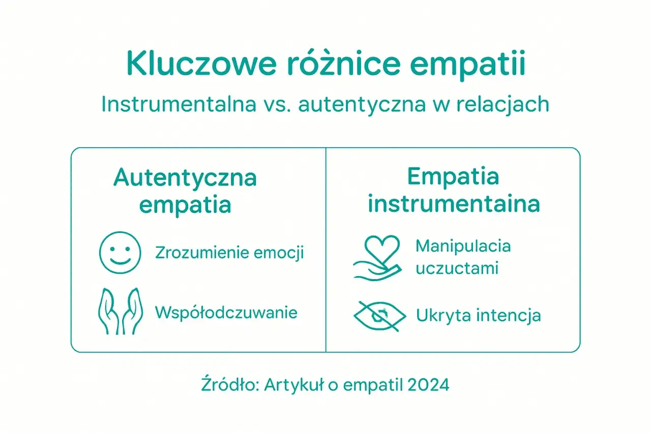 Kluczowe różnice empatii: autentyczna (zrozumienie emocji, współodczuwanie) vs. instrumentalna (manipulacja, ukryta intencja). Krótko o tym, co to jest empatia.