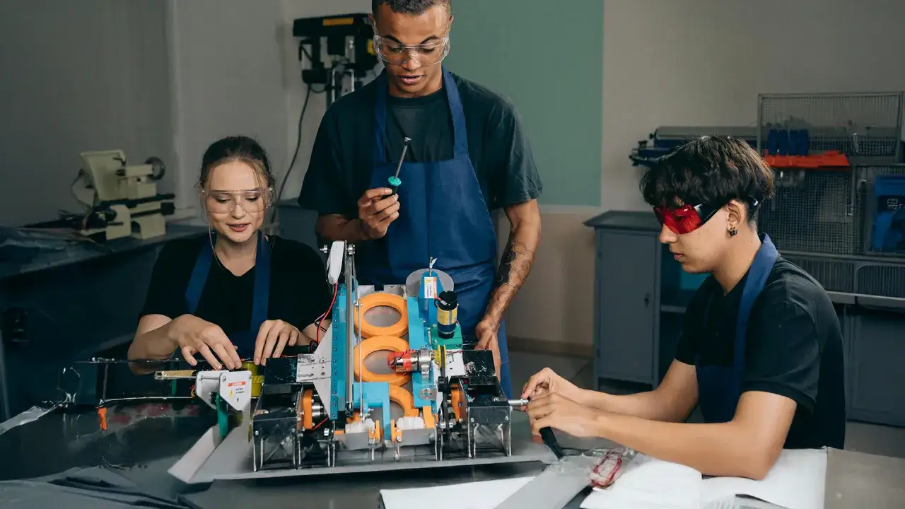 Trzy osoby w fartuchach i okularach ochronnych pracują nad złożonym modelem mechanicznym.