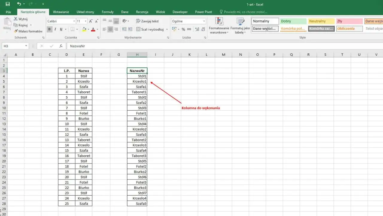 Tabela w Excelu z listą mebli i ich nazwami. Kolumna "NazwaNr" zawiera dane, które mogą być analizowane pod kątem ile znaków w komórce excel.