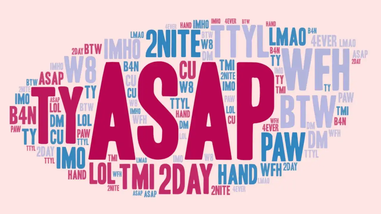 ASAP! Obraz to chmura słów z popularnymi skrótami w angielskim, takimi jak LOL, TTYL, BTW, IMHo, WFH, 2DAY, B4N, CU, DM, LMAO, PAW, TMI, 4EVER, IMO, TY, W8, HAND, 2NITE.