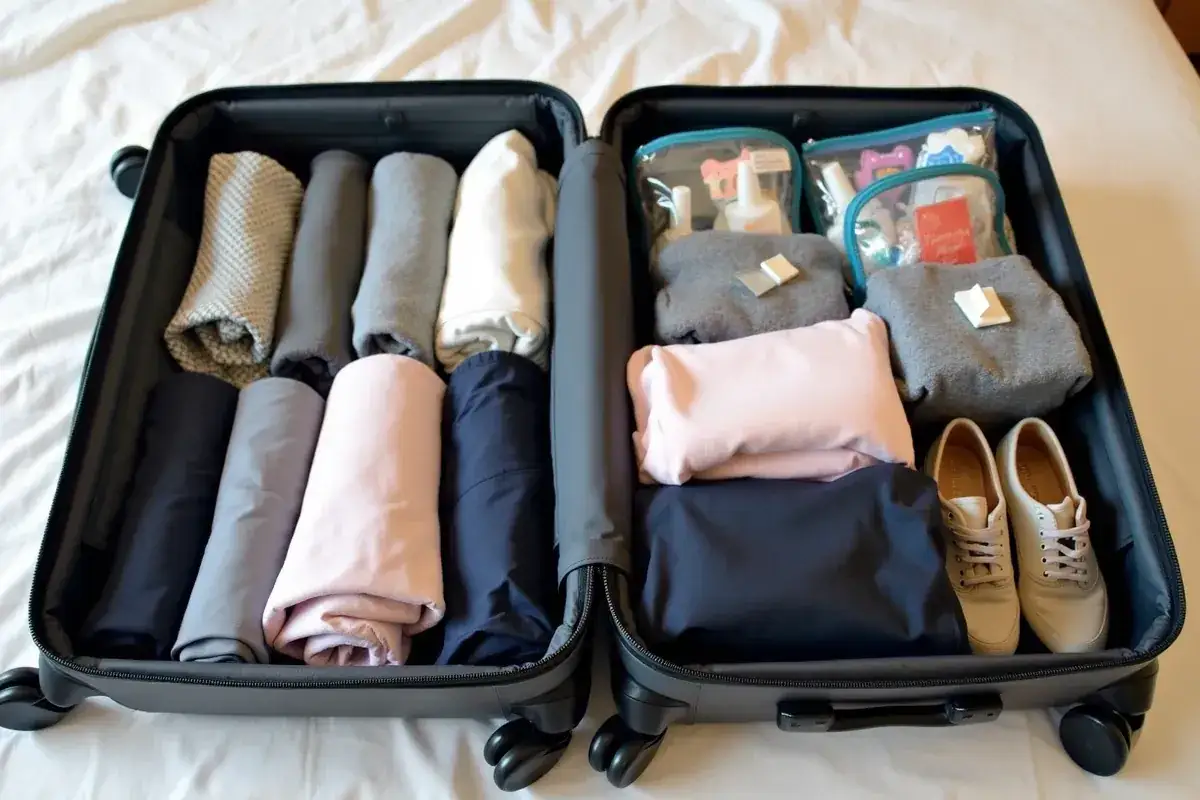 Otwarta walizka z schludnie spakowanymi ubraniami, kosmetykami i butami.