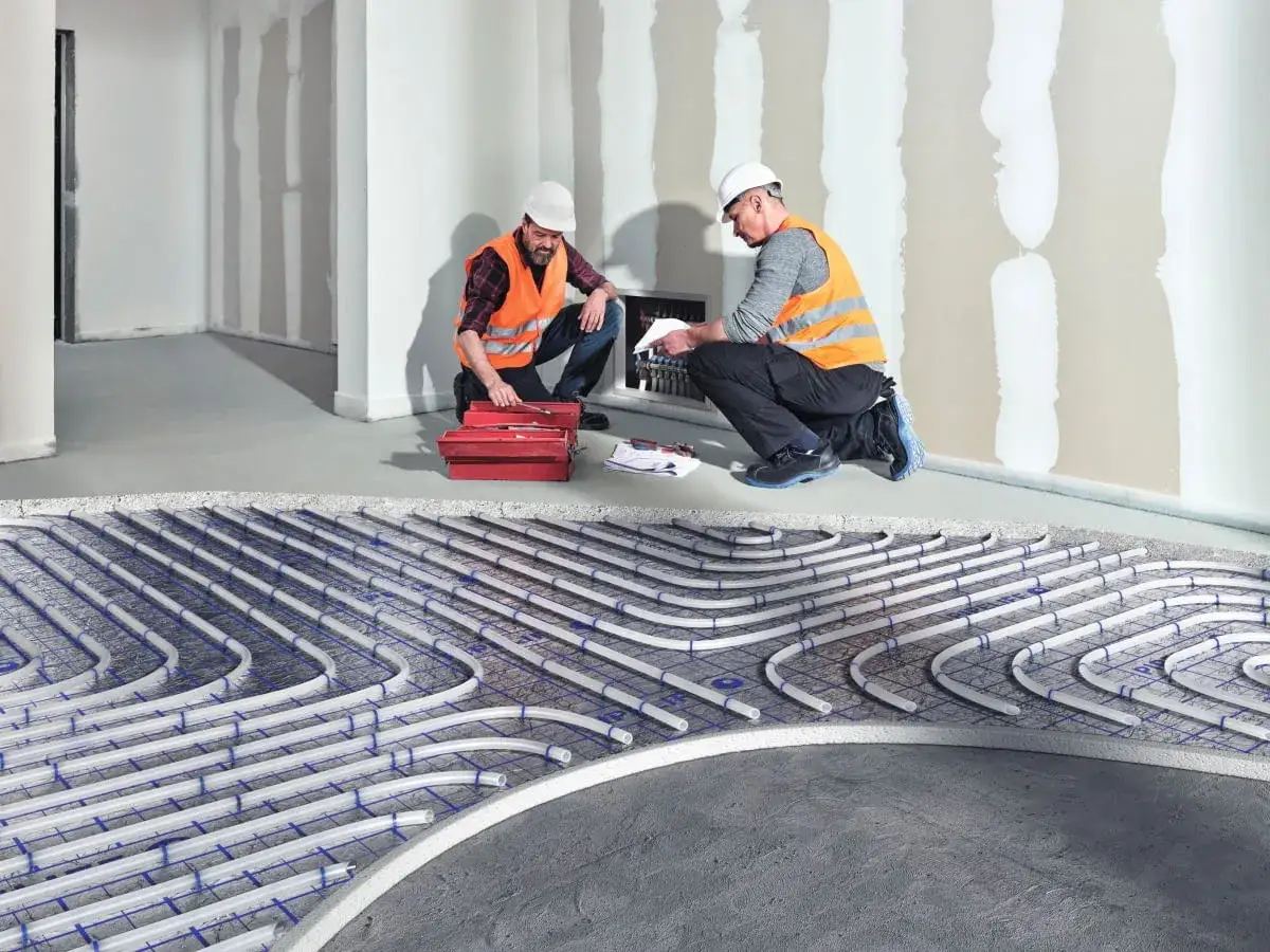 Dwóch budowlańców w kaskach i kamizelkach montuje ogrzewanie podłogowe.