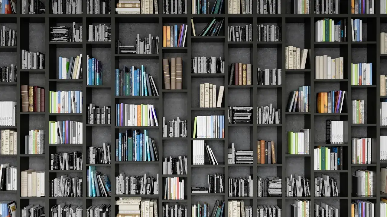 Eine Wand voller Bücherregale mit vielen Büchern in verschiedenen Farben und Größen.