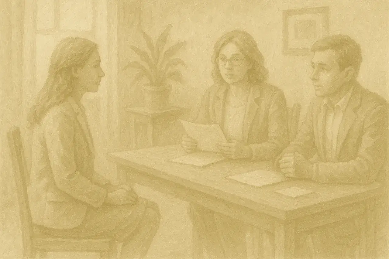 Trzy osoby siedzą przy stole, dwie z nich patrzą na trzecią, która trzyma dokumenty.