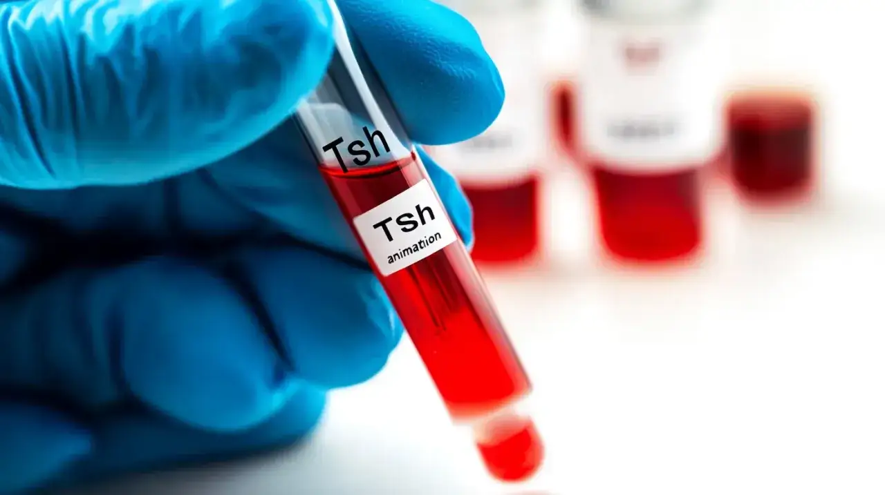 Ręka w niebieskiej rękawiczce trzyma probówkę z krwią oznaczoną "Tsh". W tle inne probówki. Badanie TSH pomaga diagnozować niedoczynność tarczycy.