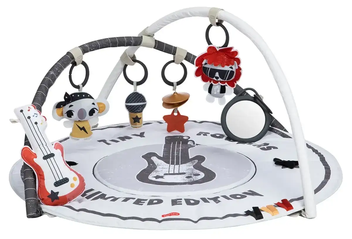 Mata sensoryczna dla niemowląt z zabawkami w stylu rockowym: gitara, koala, lew, mikrofon.