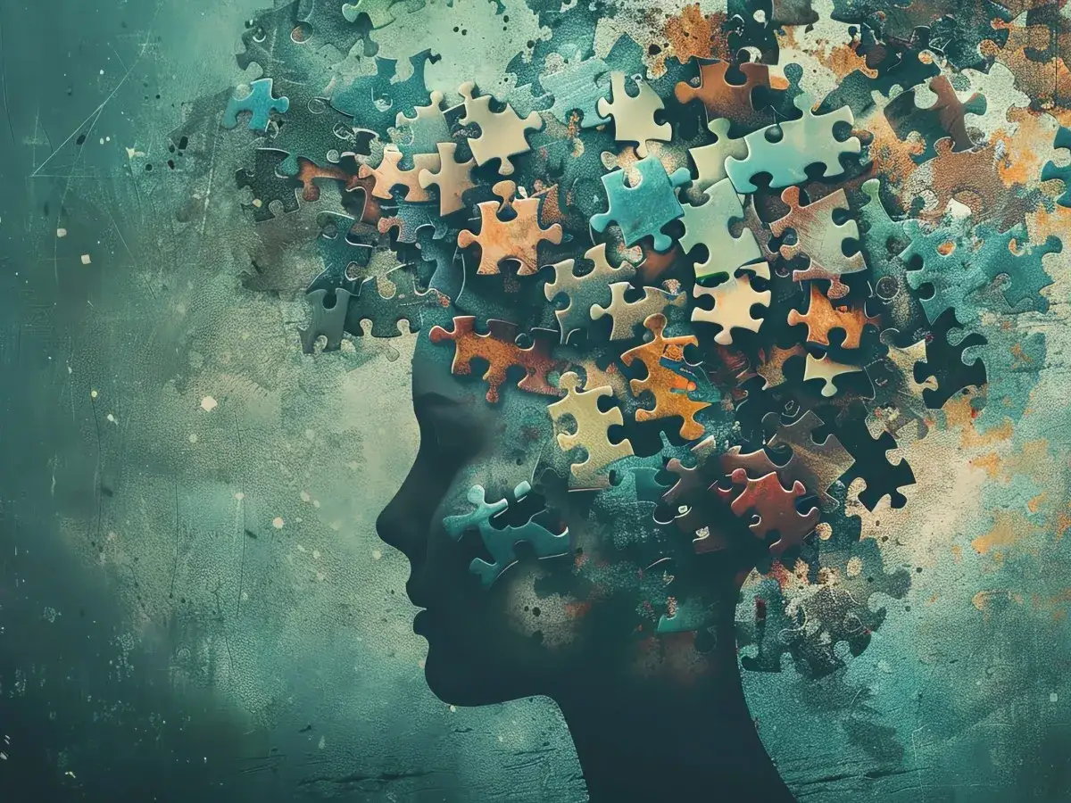 Profil kobiety z głową złożoną z elementów układanki w odcieniach zieleni i brązu.